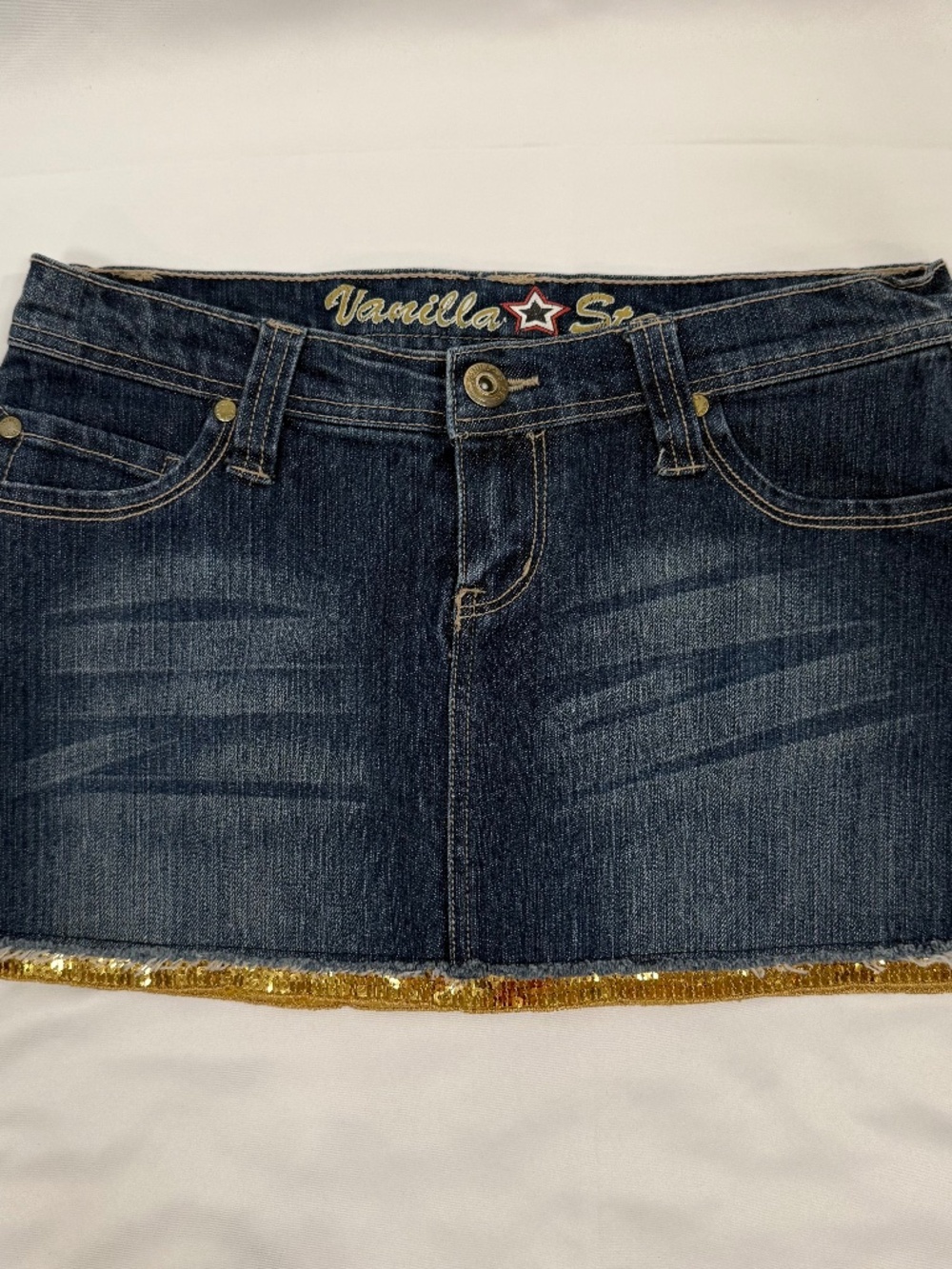Denim Mini Skirt Low Rise Y2K Blue Jean Gold Sequin Hem Embroidered Back